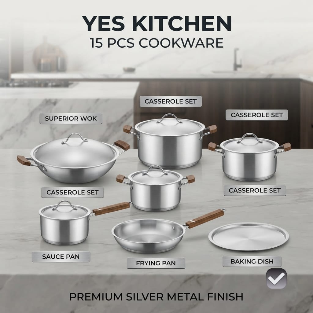 Kitchen 15 Pcs Premium Cookware Set – Silver Metal Finish | Complete Kitchen Set