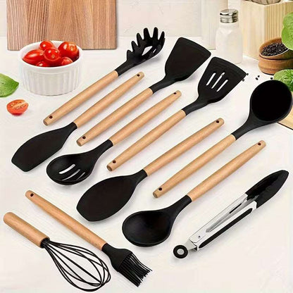 12-Piece Silicone Kitchen Utensil Set with Wooden Handles