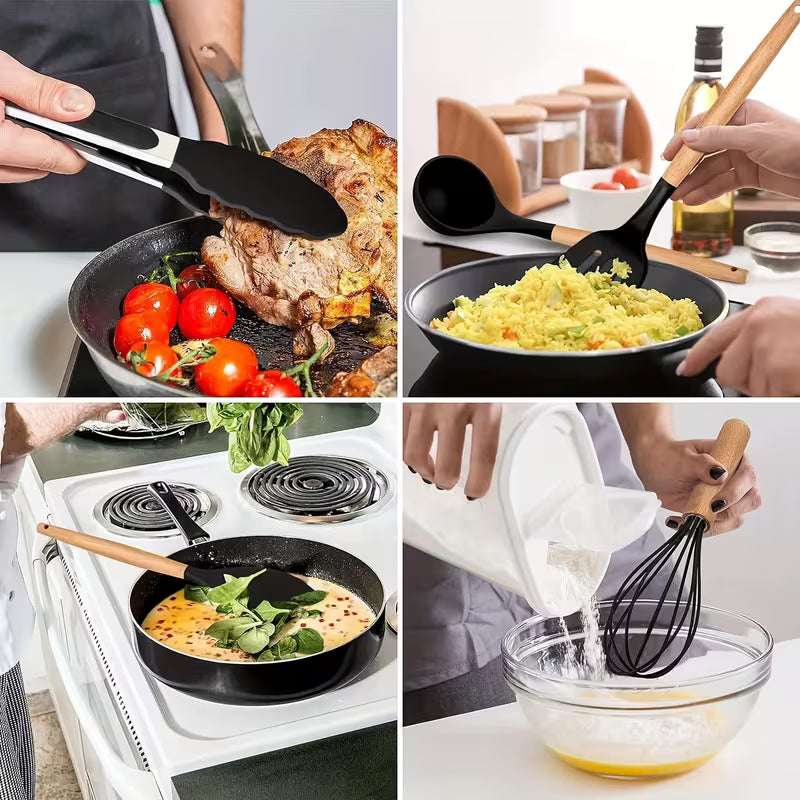 12-Piece Silicone Kitchen Utensil Set with Wooden Handles