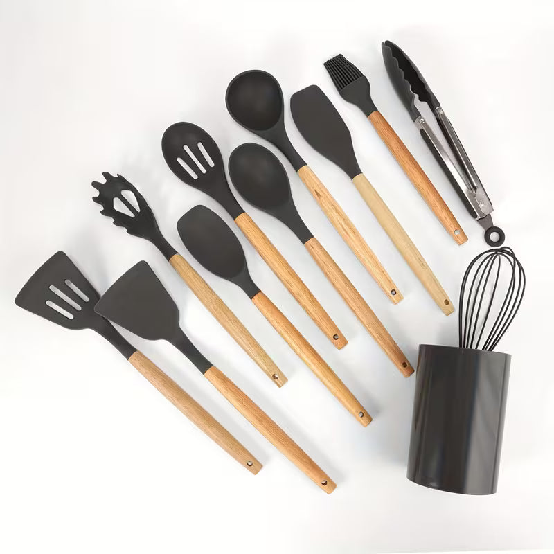 12-Piece Silicone Kitchen Utensil Set with Wooden Handles