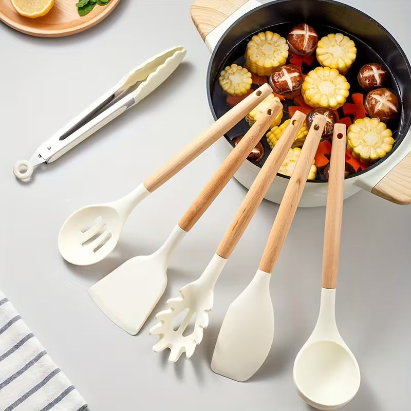 12-Piece Silicone Kitchen Utensil Set with Wooden Handles