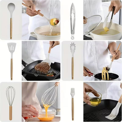 12-Piece Silicone Kitchen Utensil Set with Wooden Handles