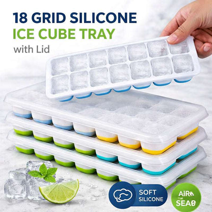 18 Cubes Silicone Base Ice Cube Tray with Lid
