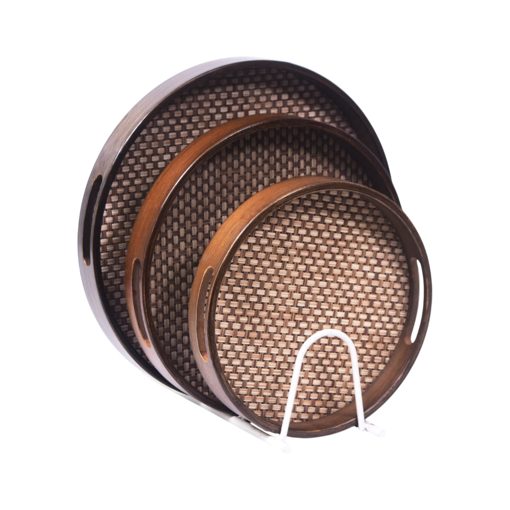 TRAY SET 3PC WOODEN JUTE STYLE ROUND 9-3/1063