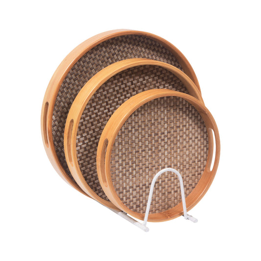 TRAY SET 3PC WOODEN JUTE STYLE ROUND 9-1/1065