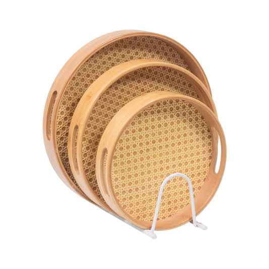 TRAY SET 3PC WOODEN CHATAI STYLE ROUND 9-7/1066