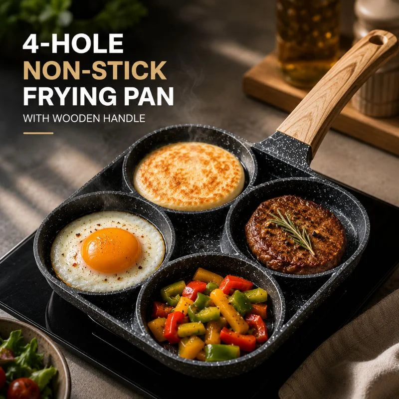 4-Hole Non-Stick Frying Pan with Wooden Handle