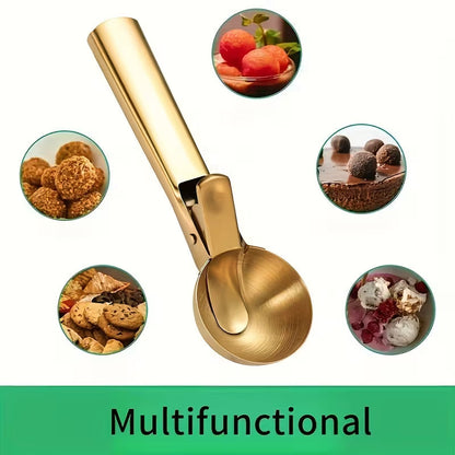Golden Stainless Steel Ice Cream Scoop – Dual-Purpose Scoop & Digging Spoon for Desserts