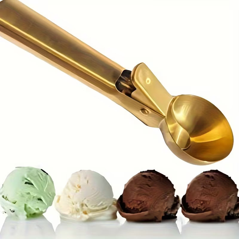 Golden Stainless Steel Ice Cream Scoop – Dual-Purpose Scoop & Digging Spoon for Desserts