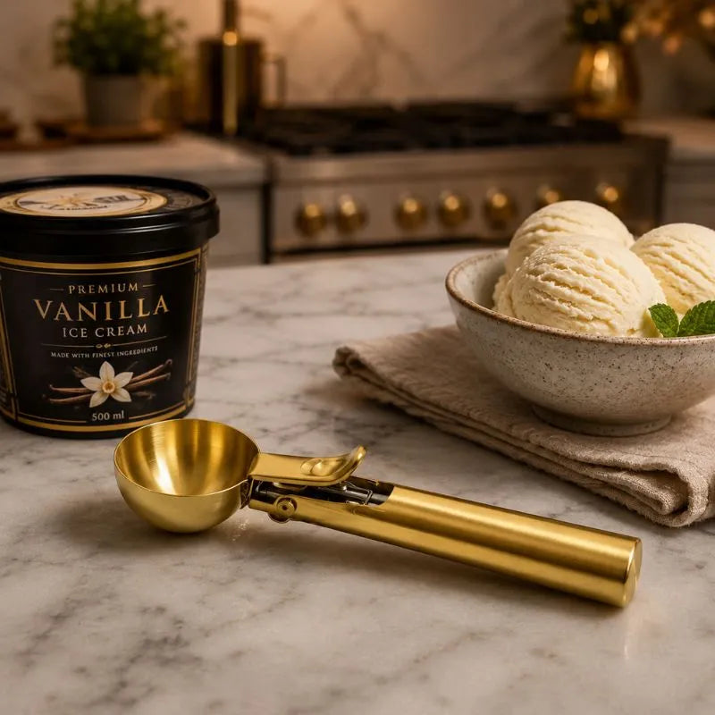 Golden Stainless Steel Ice Cream Scoop – Dual-Purpose Scoop & Digging Spoon for Desserts