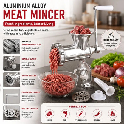Manual Meat Mincer Grinder - Aluminium Alloy Body, Stainless Steel Blade
