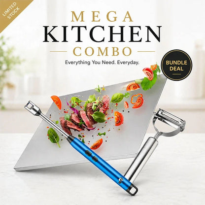 Mega Kitchen Combo – Stainless Steel Cutting Board, USB Electric Lighter & Peeler