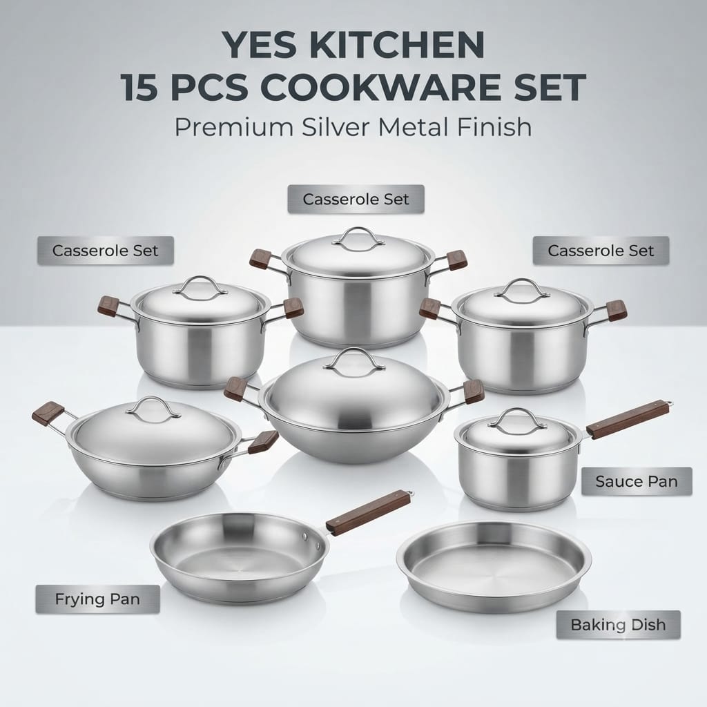Kitchen 15 Pcs Premium Cookware Set – Silver Metal Finish | Complete Kitchen Set