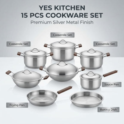 Kitchen 15 Pcs Premium Cookware Set – Silver Metal Finish | Complete Kitchen Set
