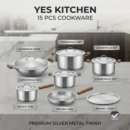 Kitchen 15 Pcs Premium Cookware Set – Silver Metal Finish | Complete Kitchen Set