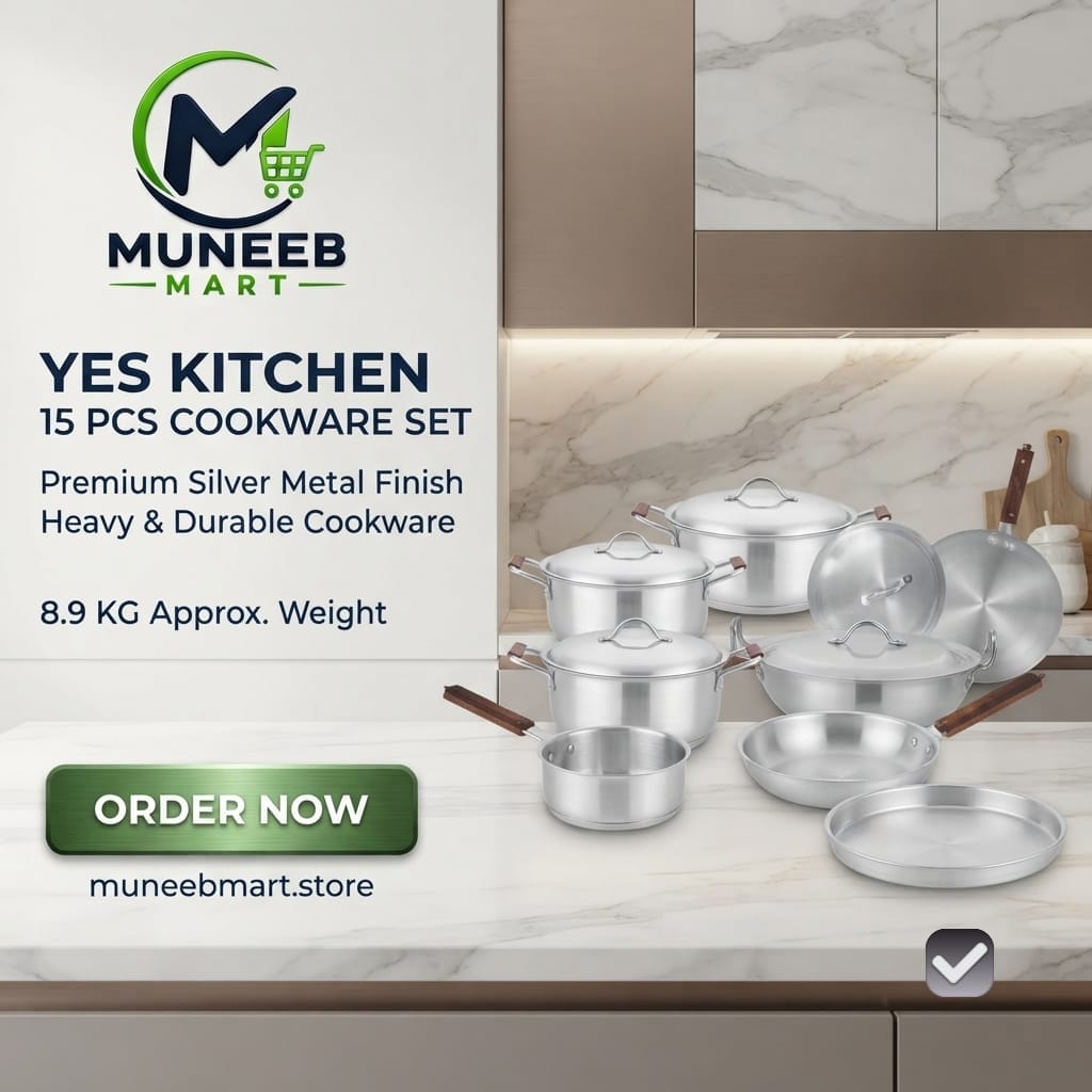 Kitchen 15 Pcs Premium Cookware Set – Silver Metal Finish | Complete Kitchen Set